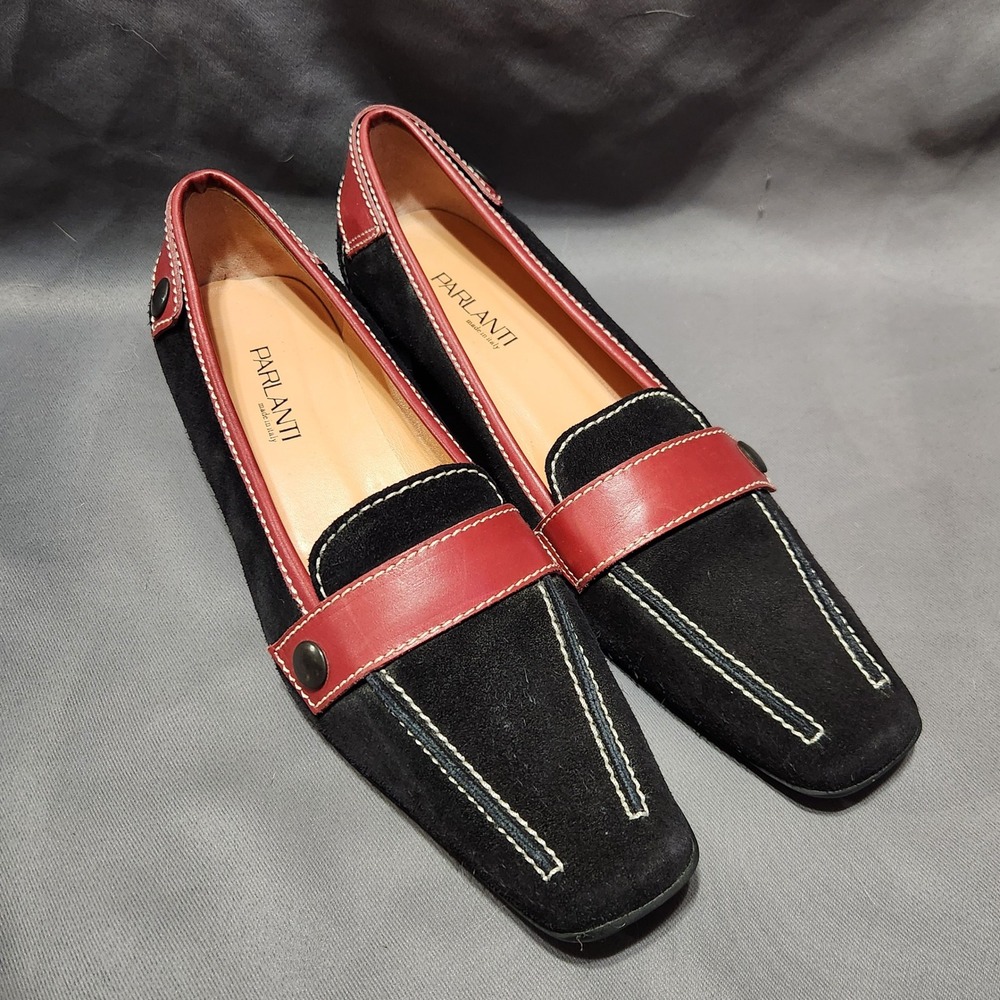 Vintage Parlanti Block Heel Loafers  8.5 9 EU 39 Black Suede Red Leather Italy